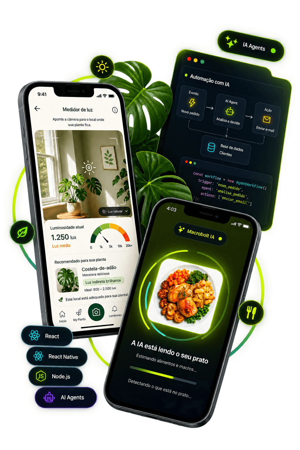 Projetos mobile — Medidor de luz, Macrobolt IA e automação com IA
