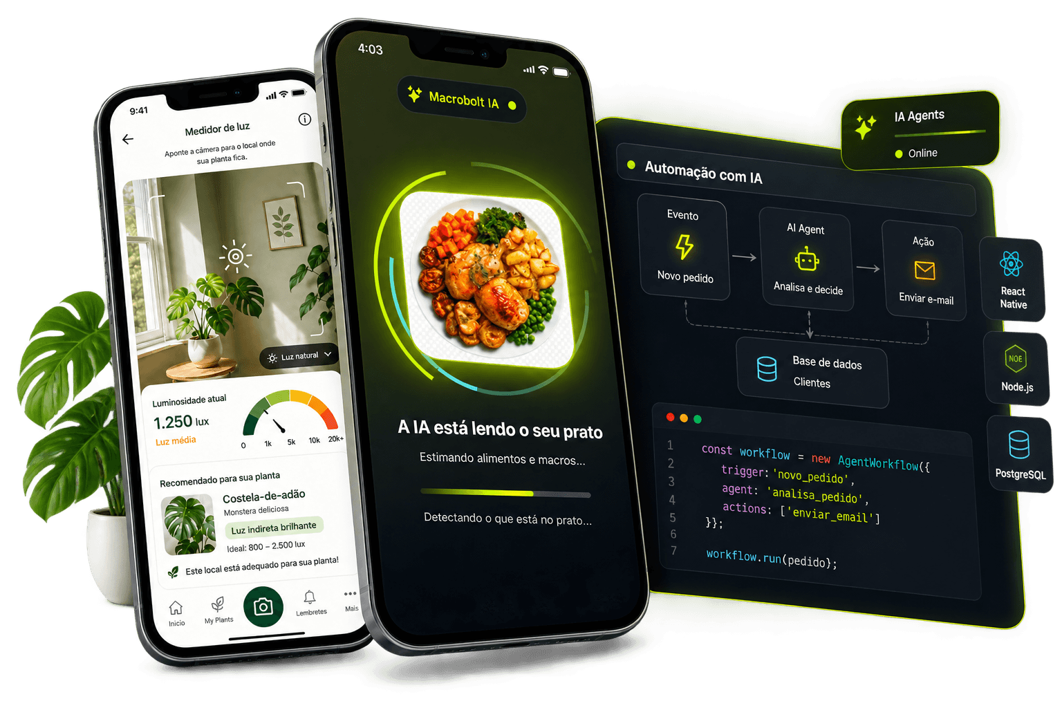 Projetos mobile e automação com IA — Medidor de luz, Macrobolt IA e fluxos de AI Agents